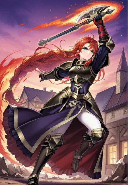 masterpiece, best quality, amazing quality, very aesthetic, absurdres,  newest, detailed background, town, debris, 
feh, magicaura, magic, fire, 
1girl, long hair, solo, red hair, armor, braid, weapon, green eyes, axe, single braid, holding, full body, gauntlets, boots, shoulder armor, very long hair, holding weapon, looking at viewer
<lora:Fire_Emblem_Heroes_Style:1> <lora:Magic_Aura:1>