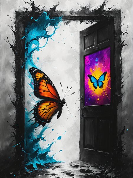 Quantum butterflies unlock parallel doorways, ultra-fine digital painting, <lora:xl_more_art-full_v1:0.3>,  <lora:Desolation:0.6> <lora:gorgoeus_splash_of_vibrant_paint:0.7> Gorgeous splash of vibrant paint