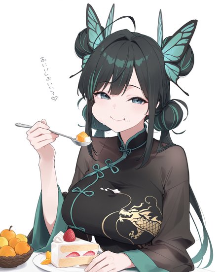 <lora:makkuroC:1> makkuro,
MATURE FEMALE, LARGE BREASTS, (masterpiece), (best quality), (ultra-detailed), amazing quality, very aesthetic, illustration, perfect composition, intricate details, absurdres, incredibly absurdres, shiny skin, realistic,
 makkuro, 1girl, solo, butterfly hair ornament, hair bun, double bun, black hair, hair ornament, food, chinese clothes, white background, long hair, , twintails, looking at viewer, food on face, simple background, eating, multicolored hair, long sleeves,  spoon, spoon, dress, closed mouth, virtual youtuber, green hair, cake, black dress, smile, fruit, dragon print, general