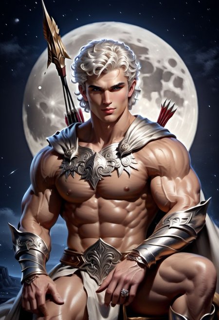 4k, digital art, semi realistic, fantasy, best quality, masterpiece, very detailed, wide camera angle,  dynamic camera angle, dynamic pose, close up, portrait of a male bodybuilder, 20 years old, pale skin, platinum hair, curly hair, short hair, moon on the forehead, very handsome, silver eyes, big eyes, anime eyes, defined eyes, defined eyebrows, greek god, greek warrior, wearing a silver tunic, with a bow and arrow, ancient greece, sitting on a foresg, night sky on the background, big moon (cinematic light, volumetric), splash art