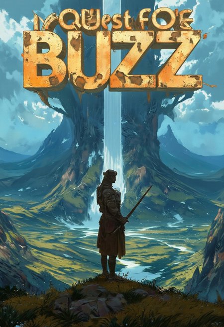 The words: "QUEST FOR BUZZ" are written in 3D textured lettering, Along the bottom third of the image is the subheading: "where tf is it?", sc3n1ch0r1s0ns, the image is a ultra_detailed digital rendering of a slender and fit barbarian man wearing tribal leather tattered clothing, standing dynamically on a mountain ridge, he's brandishing a long sword, He is overlooking a vast landscape of rugged mountainous and rolling grass hills terrain, the vibrant colours pop
