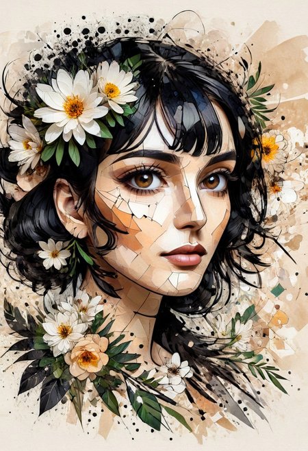 InkMosaic, a portrait of a woman with flowers in her black hair, brown eyes