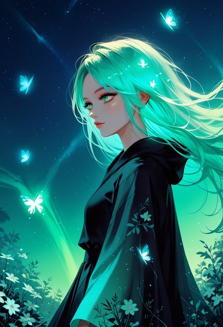 score_9, score_8_up, score_7_up, score_6_up, 1girl, solo,  (long flowy hair), flowy skirt, green forest background, Bioluminescent plants and floating wisps illuminate the scene,((dynamic pose)), ((flowers)), ((glowing butterflies)), night time, dark theme, starry sky, glowing hair,Multiple waterfalls , cinematic, vivid colors,Ethereal moonstone, ((saturated neon colors)), perfect hands, anzhcdreamwave, aesthetic, Perfect Hands, aurora borealis, cowboy shot, dynamic angle, beautiful scenery,Cinematic Hollywood Film,warm light style, Goth girl,MythAn1m3,Expressiveh,Kakimaku