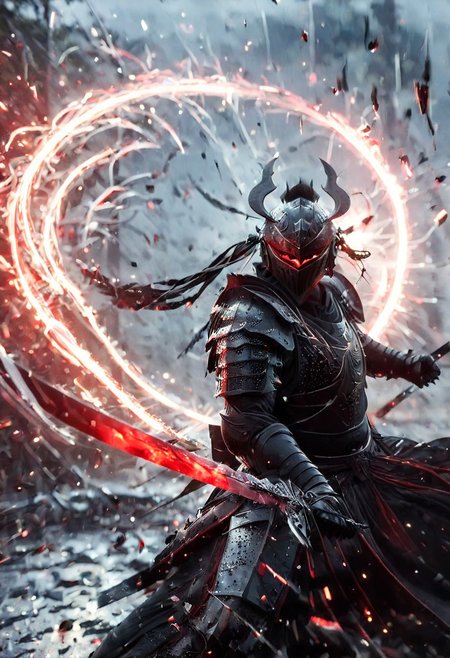 1man, armored samurai in black samurai armor, wearing samurai helmet and armor, Incoming sword, broken glass, brave perspective, reflection, glowing lightning slash, red katana, red lightning, shatter, holding sword, glowing sword, motion blur, emphasis line, outdoor in the darkness, looking at viewer,