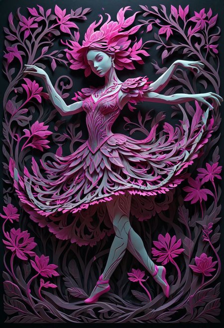 artpkplnt, illustration, dancer in the dark, 4k, uhd, warlock, masterpiece, Artpprct, in the style of papercutting, relief carving, nature, lazy lime and hot pink