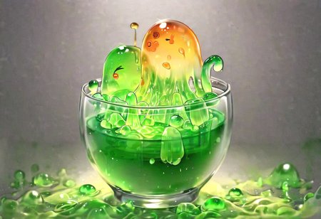 (masterpiece), (score_9, score_8_up, score_7_up,source_anime), 4K8K, very aesthetic, absurdres, best quality, 
Hyperdetailed anime style image of a slime girl, slime girl in glass, Slime overflowing from a cup, transparent, see-through body, colorless skin, colorless sclera, amber eyes, orange slime, 
(emeraldmorph), slime (creature), Translucent, 
outdoors, detailed, dignified Smile, Amoeboid slime, Amoeba slime, Amoeba, Liquid slime, 
(slime girl, Petite, large breasts, disproportionate breasts:1.3),