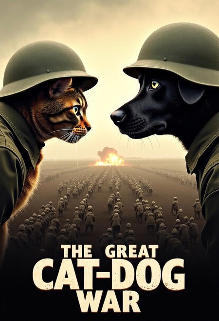 Epic WWII-style movie poster for 'The Great Cat-Dog War'. Foreground: close-up of a stern cat and determined dog facing off, wearing military helmets. Background: two armies (cats vs dogs) in trenches, separated by no man's land with barbed wire. Muted, weathered colors reminiscent of vintage war posters. Smoky atmosphere, distant explosions. Propaganda-style text reads 'THE GREAT CAT-DOG WAR' in bold, distressed font. Anthropomorphized animals in period military uniforms. Tension palpable, battle imminent.