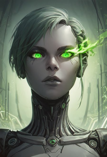 score_9, score_8_up, score_7_up, score_6_up, close-up portrait, 1girl, solo, grey skinned, android, metallic colored skin, glowing eyes, green theme, circuit board tattoos, tubes coming out of the head, cables, neon, science fiction, circuit board background, easynegative, Expressiveh, shodan, (green) flaming eye, (green) eye trail