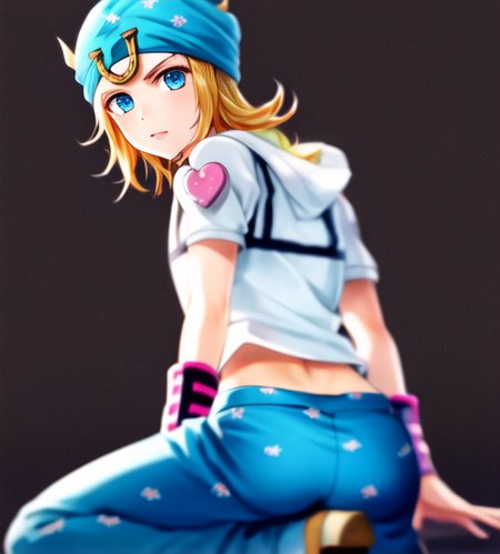 male fucus, male, closed mouth ((johnnyjojo)),  hat, 1boy, blonde hair, blue eyes, detailed face, hires, HQ, blue pants,  volumetric lighting, best quality, masterpiece, intricate details, tonemapping, sharp focus, hyper detailed,  <lora:johnnyjojo:1.2> cute expression, bright eyes, simple  background, digital painting, rear view, butt focus, kneeling, anime