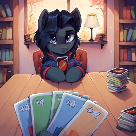 masterpiece, score_9_up, score_8_up, score_7_up, score_6_up, (best quality:1.1), ultra-detailed, high resolution, solo, Sinister Serov, pony, mlp, feral, thin eyebrows, blue eyes, stallion, male, pony ears, black ear fluff, black skin, black mane, tail BREAK <lora:ImminentUnoLossMeme_pdxl_Incrs_v1:0.8> holding card, pov, playing card, table, detailed background, home, bookshelf, lamp on table, expressiveh, highly visible, sharp focus, anatomically correct