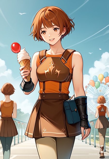 score_9, score_8_up, score_7_up, highres, (best quality:1.1), masterpiece, absurdes, multiple girls, utdoors, sky, solo focus, day, cloud, 1girl,  blue sky,balloon, roller coaster, <lora:NSDorothyFE6:1> NSDorothyFE6, freckles, brown hair, short hair, brown eyes, black fingerless gloves, armor, orange shirt, sleeveless, pants under skirt, brown skirt, pants, parted lips, holding ice cream, walking and eating, smile