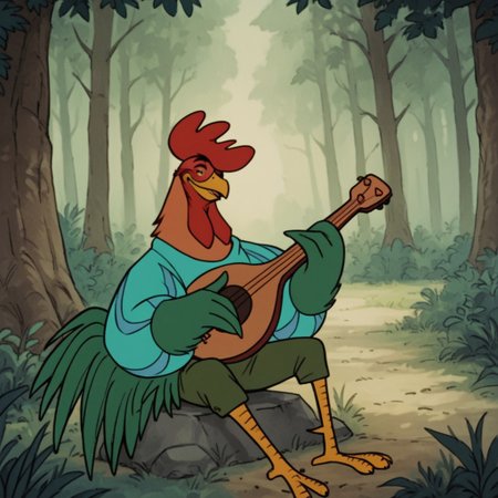 score_9, score_8_up, score_7_up, score_6_up, score_5_up, score_4_up, source_furry, Alan-A-DaleRH, semi-anthro, male, rooster, bird, feathers, green winged arms, striped shirt, puffy sleeves, green pants,  green tail, brown body, outside, sitting, on a rock, in a forest, solo, 1boy, holding guitar, red hair