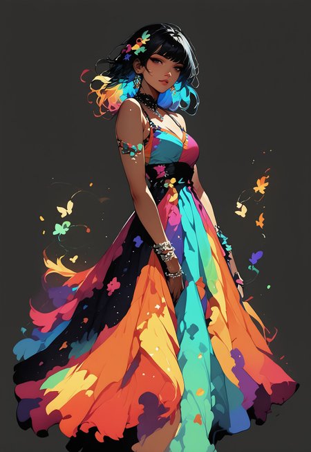 score_9_up, score_8_up, score_7_up, FFDAC, 1girl, long multicolored dress, black hair, colorful dress