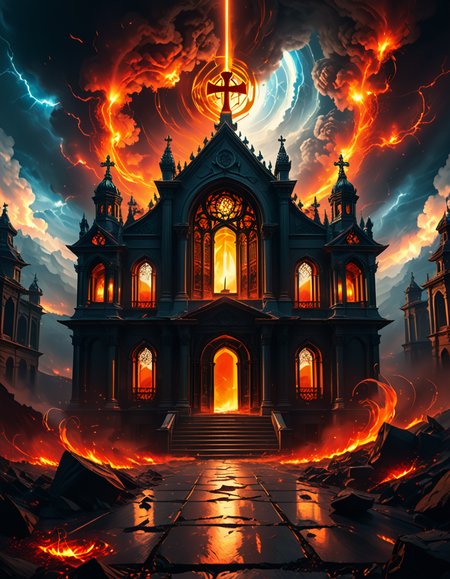 A once-majestic celestial temple, now under siege by the forces of Hell. The grand white stone structure is cracked and scorched, its golden crosses twisted and broken. The stained-glass windows, once glowing with warm divine light, are now shattered, with demonic symbols glowing ominously in their place. The sky, once a serene blue, is now consumed by dark storm clouds, swirling with red lightning and thick smoke.
Black, jagged chains extend from the sky, wrapping around the temple as if trying to pull it down into the abyss. The once-fluffy clouds beneath the structure are now a chaotic mix of fire, ash, and dark mist, with glimpses of molten lava cracks below. Infernal creatures with glowing red eyes lurk in the shadows, their silhouettes barely visible through the smoke and fire.
The temple doors are blown open, revealing an eerie red glow emanating from within, as if Hell itself is consuming the sacred space. Massive demonic runes are etched into the stone, pulsating with an unholy energy. The entire scene is bathed in a deep crimson and orange glow, giving it an apocalyptic and nightmarish atmosphere.
Style & Lighting:
- Dark fantasy, highly detailed
- Dramatic, high-contrast lighting with fiery glows
- Cinematic composition, epic scale
- Strong use of shadows, embers, and atmospheric foghighly detailed and atmospheric view from inside a massive birdcage, large enough for a human to stand inside. The cage is made of ornate, aged metal bars with intricate Victorian-style patterns, curving elegantly towards the domed ceiling. Sunlight filters through the gaps between the bars, casting long, dramatic shadows on the wooden floor. Delicate vines and small flowers have begun to grow around the bars, adding a touch of nature reclaiming the space. The background beyond the cage is blurred, hinting at a lush garden or a mysterious, abandoned mansion. The ambiance is serene yet slightly melancholic, with warm golden light illuminating dust particles floating in the air. Soft feathers are scattered on the floor, adding to the sense of quiet abandonment. The perspective makes the viewer feel as if they are inside the cage, looking outward, surrounded by both beauty and confinement. The style is highly detailed and realistic, with a cinematic and slightly surreal atmosphere.
<lora:SDXLFaeTastic2400:0.4> <lora:extremely_detailed:0.4> extremely detailed,evil celestial t3mpl3, <lora:evil_celestial_t3mpl3-p:1>, Masterpiece,best quality,hi res,8k,hi res,8k,award winning,(sharp focus, intricate, highly detailed),