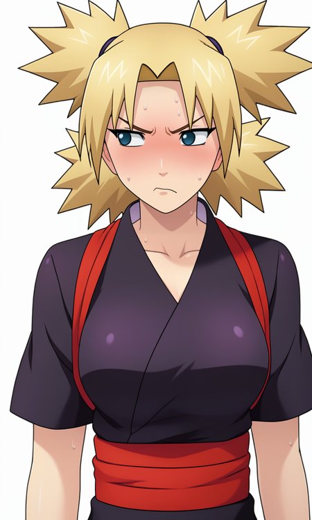 game cg,
upper body, 
BREAK
tmrshippuden, 1girl, solo, looking to the side, quad tails,  no pupils, parted bangs,
black kimono, red sash,  short sleeves,breasts,,
blush, sweat,  disgust,
simple background, white background,
<lora:Naruto_TemariShippuden_PXL-000018:1>