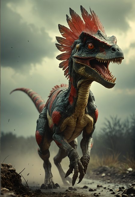 photography of attacking Dilophosaurus runs to the camera ,close up, the run is cinematic, after the rains, grey clouds, sun piercing the clouds, feathers,realistic,vignette,red and white,Alex Howitt,<lora:DD-sli-v1:0.2> <lora:add-detail-xl:1>  <lora:Vintage_Street_Photo:0.4>