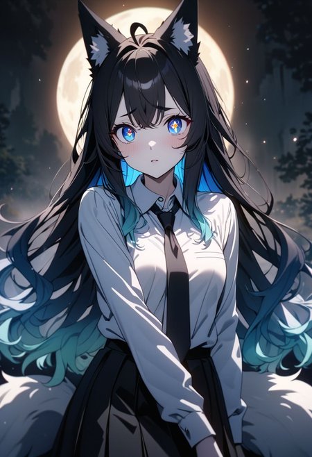 gorgeous lips, cinematic, (masterpiece), (best quality), (ultra-detailed), very aesthetic, illustration, perfect composition, intricate details, absurdres, detailed face, (anime, masterpiece, intricate:1.3), (best quality, hires textures, high detail:1.2), (4k),(incredibly detailed:1.4) 
(detailed light), thin eyebrows, masterpiece, big fox ears, (((blue inside hair))), shiny hair, (black_hair :1.7), (dark_blue_hair :1.2), (gradient hair :1.5), blue flower hair ornament, ahoge, (((long hair))), shy, black and white, straight black fox ears, fluffy fox ears, big pointed fox ears, black fox ears with white inside, pastel dark blue eyes, dark blue eyes, ((white tips)), ((black tails)), short, petite, pale skin, small chest,  detailed lighting, detailed eyes, detailed lighting, detailed eyes, detailed fabric, detailed skin, beautiful eyes, sun light particles
full moon, night, sparkling eyes looking up to the moon, shocked, plain white buttoned shirt, black pleated skirt, black neck tie, cowboy shot, remote shot, arms resting on the side ,mksks,NEON COLOR, LOFI COLOR
