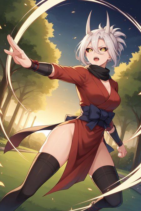 score_9, score_8_up, score_7_up, source_anime, 1girl, prefect lighting, very aesthetic, intricate details, highly detailed background, masterpiece, high quality, prefect hands, best quality, solo,
<lora:Oni_girl_Nekono_Oyashiro_V1:.75>, KJOoni, white hair, demon horns, fangs, yellow eyes, yellow slit pupils, tied hair, hair between eyes, black sclera, colored sclera, sidelocks, 
ninja outfit, long sleeves, wrist guards, side slit, thighhighs, scarf,
high kick, action pose, open mouth, serious, dutch angle,
park, grass, trees, night, nighttime,
(Beautiful, medium Breasts:1.2), natural breasts,