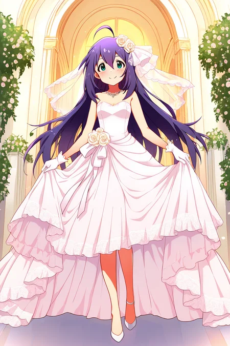 masterpiece,best quality,very aesthetic,absurdres,highres,newest,official art,official style,
1girl,solo,
mochizuki anna,purple hair,green eyes,ahoge,
wedding dress,wedding band,white dress,white gloves,
<lora:eye_focus_illus:1>,eye_focus,
standing,full body,
<lora:idolmaster_mochizuki_anna_ill_v1.0:1>,