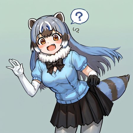 1girl, common raccoon (kemono friends), by kodoto, ?, alternate hair length, alternate hairstyle, animal ears, black bow, black bowtie, black gloves, black skirt, blue hair, blue sweater, bow, bowtie, brown eyes, cowboy shot, elbow gloves, extra ears, fang, fur collar, gloves, grey hair, grey pantyhose, holding, long hair, multicolored hair, open mouth, pantyhose, pleated skirt, puffy short sleeves, puffy sleeves, raccoon ears, raccoon girl, raccoon tail, short sleeves, skirt, skirt hold, solo, spoken question mark, sweater, tail, two-tone gloves, white fur, white gloves,