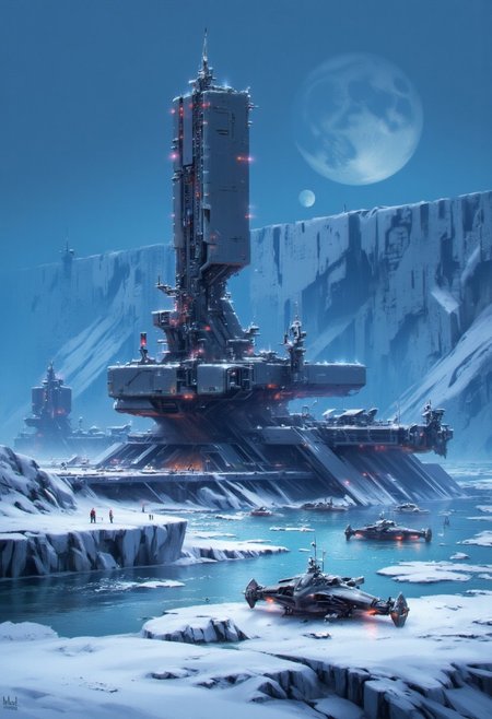 in the style of ck-sfc, Inkpunk Anime, a_skynet_cyberdyne_craft, the image is featuring a blue and white theme, icy snow-covered landscape, Artemis Station, with red lights, smoked glass and diodes, at the edge of an icy ocean with icebergs, its sleek towers a stark contrast to the snow surrounding it, with a harbour featuring military warships of gunmetal alloy, red lights and diodes, moored. The planet’s sun casts a vivid, surreal light across the station, while deep fissures filled with glaciers mark a stark background. The sky is a dark blue, with a moon hanging low in the horizon