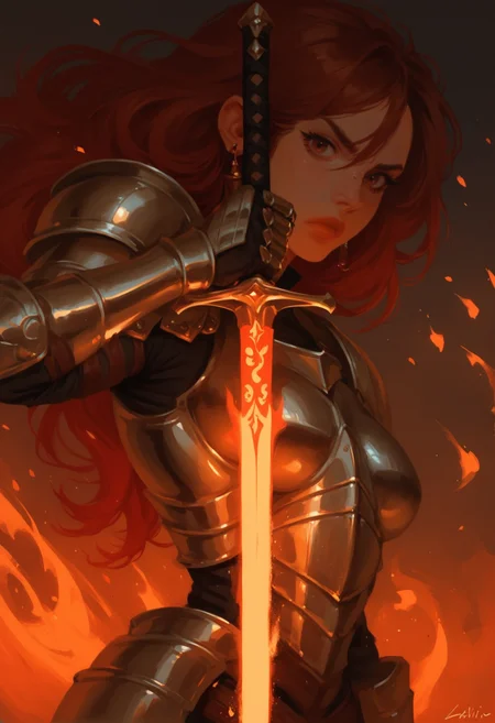 1girl, armor, weapon, sword, solo, holding, holding sword, holding weapon, looking at viewer, gauntlets, freckles, mole, glowing weapon, shoulder armor, flaming weapon, red hair, lips, plate armor, embers, breastplate, signature, flaming sword, mole under eye, upper body, glowing sword, fire, glowing, brown hair, artist name, long hair, brown eyes, pauldrons, earrings, closed mouth, breasts, serious, zPDXL3, detailxl,  Score_PnyReal, (lineless:1.5)