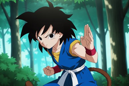 anime screencap, absurdres, high quality, official style, 
gine, black hair, medium hair, spiked hair, black eyes, monkey tail
kid goku outfit, red wristband, (blue topwear), (white belt), dougi, blue bottomwear,
fighting stance, outdoors, nature, tree, dappled sunlight, cowboy shot, looking at viewer, v-shaped eyebrows, 
 <lora:Gine_IL:0.8>