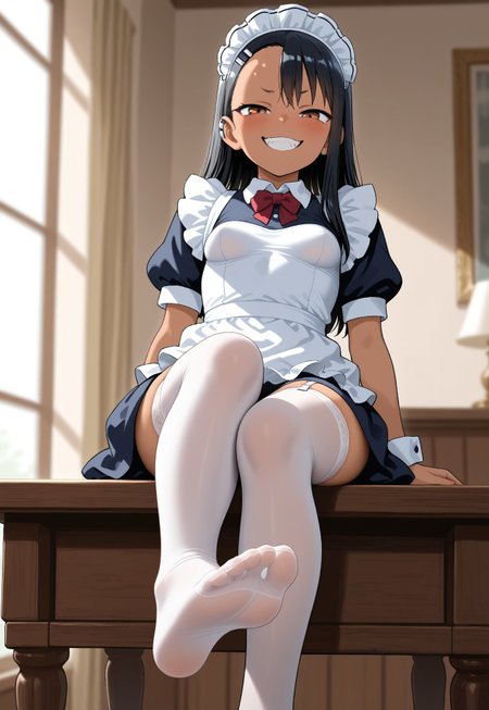 masterpiece, best quality, amazing quality, very aesthetic, high resolution, ultra-detailed, absurdres, newest, scenery, cute, depth of field, photorealistic, masterpiece, best quality, amazing quality, very aesthetic, high resolution, ultra-detailed, absurdres, newest, scenery, volumetric lighting, best quality,amazing quality,very aesthetic,absurdres,newest, huge filesize,masterpiece, best quality, good quality, newest,highly detail, 1girl, dark skin,  nagatoro hayase, smug, perky breasts, maid dress, maid, stockings, sitting on table, stockings, feet, from bellow, feet focus