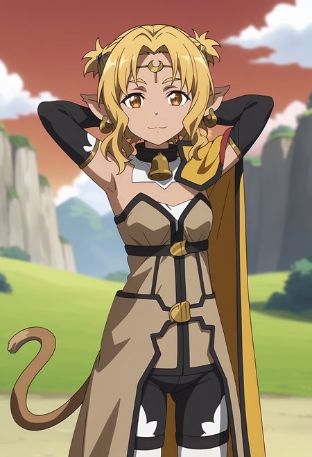 score_7_up, anime screencap,
<lora:SwordArtOnline_AliciaRueXL:0.9>,
1girl, solo, closed mouth, light smile,
dark skin, blonde hair, medium hair, short twintails, multicolored eyes, slit pupils, pointy ears, earrings, cat tail, brown tail,
pointing at viewer, pointing,
AliciaRue, circlet, crescent, strapless dress, brown dress, yellow cape, detached collar, neck bell, detached sleeves, black sleeves, bike shorts, white thighhighs, thigh strap,
arms behind head, standing, looking at viewer,
red sky, outdoors, blurry background