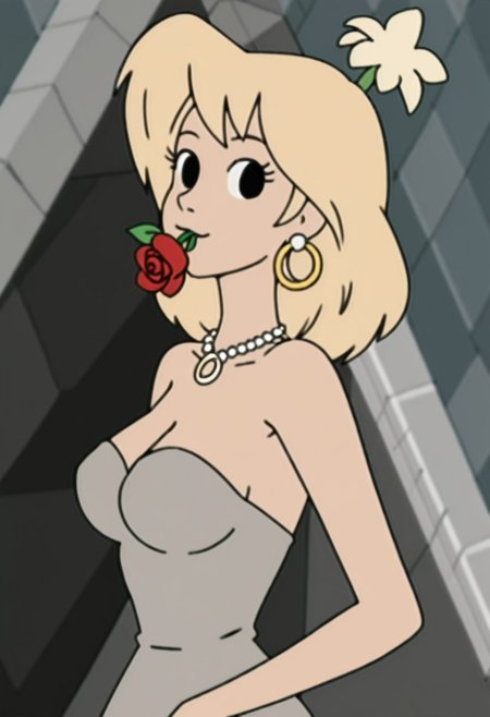 woman, tiffany, kangoo,1girl, jewelry, flower, solo, earrings, blonde hair, dress, necklace, breasts, rose, flower in mouth, red flower, looking at viewer, strapless dress, holding, strapless, upper body, grey dress, petals, medium hair, red rose, mouth hold, holding flower, medium breasts, bare shoulders, black eyes