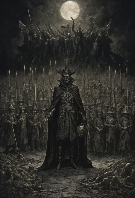 Generals gathered in their masses
Just like witches at black masses
Evil minds that plot destruction
Sorcerers of death's construction
partially covered in shadow, engraving
Mysterious. Dark. Night. Ominous. Highly detailed.