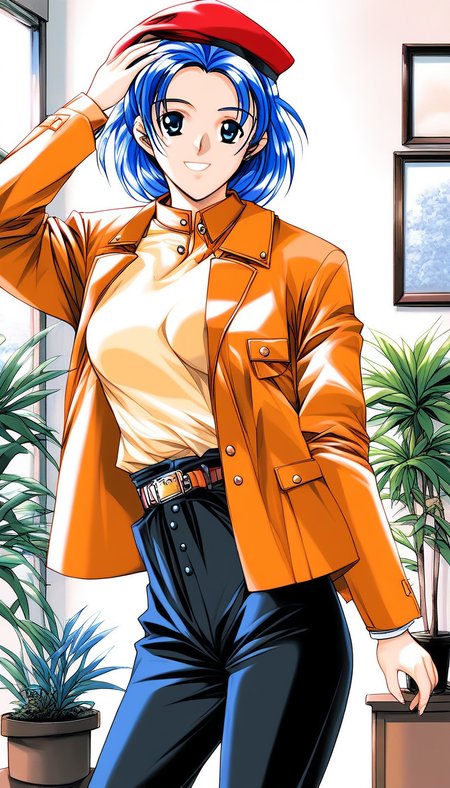 score_9, score_8_up, score_7_up, source_anime, rating_explicit, BREAK <lora:Nonomura_Misato_XL:1>Nonomura_Misato, blue hair, blue eyes, short hair, medium breastsã
, 1girl, solo, hat, red beret, belt, smile, 1990s (style), coat, plant, looking at viewer, potted plant, jacket, long sleeves, hand on headwear, indoors, red headwear, pants