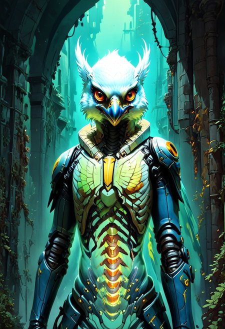 3l3m3ntp, cr1tter, detailed, transparent body, score_9, score_8_up, solo, cowboy shot, Anthropomorphic Peregrine Falcon, hybrid animal, a Humanoid Peregrine Falcon hybrid with ((the big head of a Peregrine Falcon)), ((very tall slender fit tight body)), megafeatherypony, blue feathers, realistic feathery, falcon, anthro, an enlightened birdman, werefalcon,
(futuristic night city), (green neon), brutalist architecture,
score_9, score_8, score_7, score_6, absurdres, (( visible skeleton, spine, hip_bones, ribcage, legs bones)), ((transparent seethrough skin solo, half body,
(transparent, transparent_body, transparent_skin),
