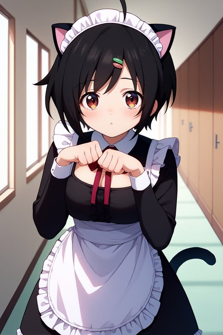 score_9, score_8_up, score_7_up, score_6_up, source_anime, 1girl, solo, <lora:sakuraitomoko-pdxl-nvwls-v1-000006:1> sakutomo, black hair, short hair, ahoge, hairclip, big breasts, maid dress, apron, fake cat ears, cat tail, neck ribbon, blush, paw pose, hallway, looking at you, long sleeves, frills