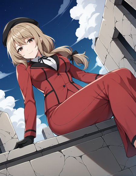 score_9, score_8_up, score_7_up, source_anime, rating_safe, BREAK <lora:chiyoShimada_XL-Pony_LoRA-C3Lier_8-8-8-8_AdamW_Un3e-4_Te1.5e-4_10batch:1>, shimada chiyo, 1girl, mature female, low-tied long hair, light brown hair, brown eyes,medium breasts, beret, black headwear, red jacket, long sleeves, white shirt, neck ribbon, black ribbon, black gloves, long skirt, red skirt, skirt suit, light smile, closed mouth, sitting, dutch angle, head tilt, from below, looking down, looking at viewer, ruins, night, night sky, cloud