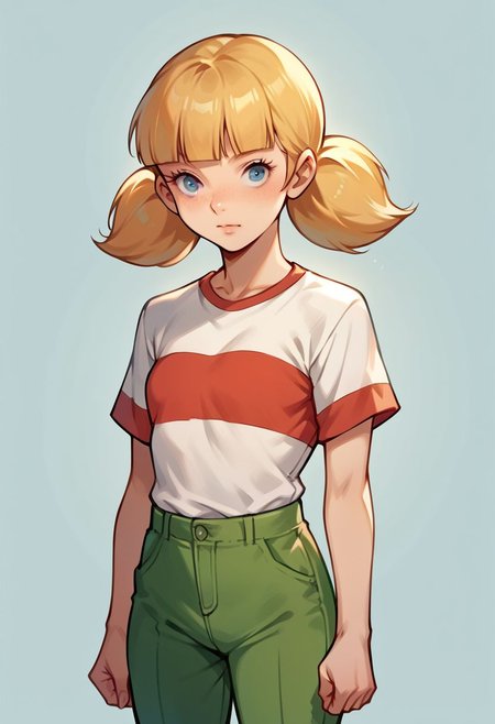 score_9, score_8_up, score_7_up, score_6_up, score_5_up, score_4_up, source_cartoon, 1girl, penny \(inspector gadget\), 
shirt, stripe, green pants, blue eyes, blond hair, simple background, solo,