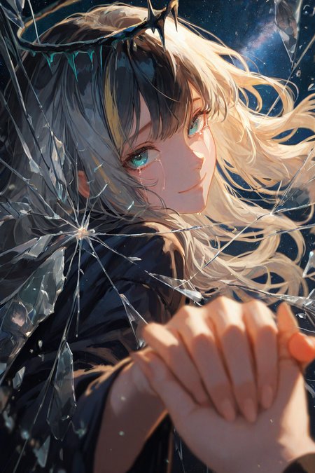 masterpiece, best quality, amazing quality, aesthetic, volumetric lighting, ambient light, dark shadows, depth of field, vivid colors, low key lighting, dynamic angle, dynamic pose, lens flare, 1girl, grey hair, blue eyes, glass shards, teardrop, tears, crack, pov adoring, crying, shards, blonde hair, multicolored hair, looking at viewer, wavy hair, sad smile, streaked hair, pov, long hair, glass, closed mouth, solo focus, eye focus, reflection, shattered, out of frame, streaming tears, looking at another, looking back, star (sky), sky, eye reflection, black hair, light smile, halo, starry sky, close-up, aqua eyes, pov hands, holding hands, double exposure, zstyle, very awa, absurdres,very aesthetic