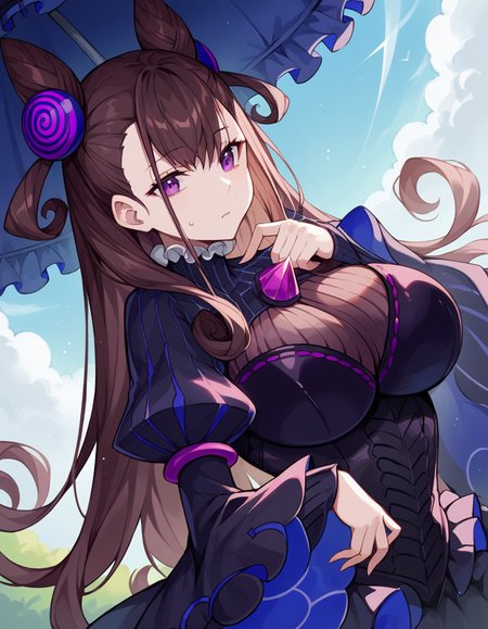 score_9, score_8_up, score_7_up, source_anime, <lora:fgo-murasaki-shikibu-ponyxl-lora-nochekaiser:1>, murasaki shikibu, brown hair, purple eyes, long hair, large breasts,, black dress, dress, frilled umbrella, frills, juliet sleeves, long sleeves, puff and slash sleeves, puffy sleeves, purple gemstone, sleeves past wrists, wide sleeves, cone hair bun, double bun, hair bun, hair ornament, long hair, two side up,, bus stop, waiting, commuter, smartphone, checking time, cold morning, , looking at viewer, hand resting on chin, solo,, cowboy shot, dutch angle
