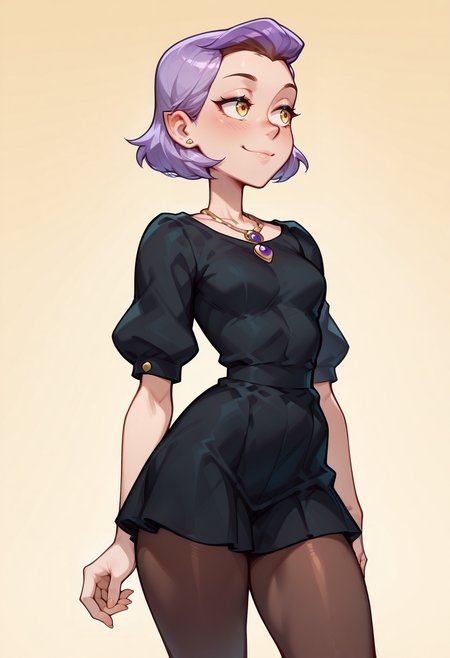 masterpiece, best quality, very aesthetic, absurdres, simple background, 
BREAK 1 girl, solo, adult,  AmityOH, short hair,  purple hair,  yellow eyes, pointy ears, earrings, black dress, necklace,  brown pantyhose, 
BREAK good hand,  <lora:Amity_Blight__Illustrioous:1> ,    <lora:AKinuNishimura_Style:1> 