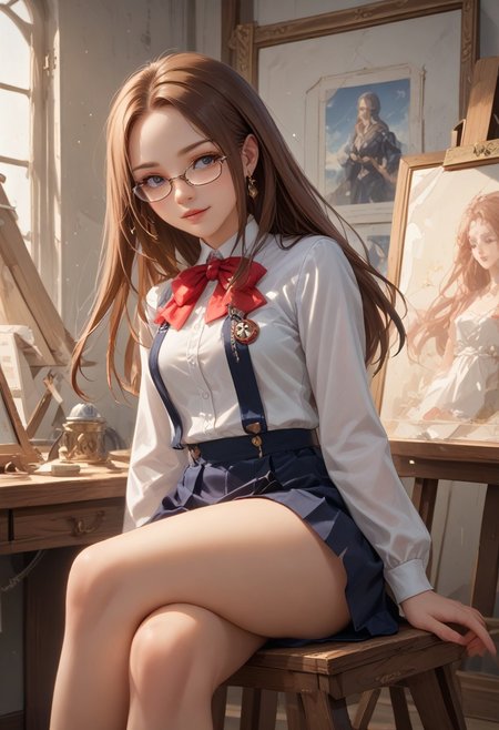 score_9, score_8_up, score_7_up, source_anime, absurdres,, , sitting_pose, hand_on_own_shoulder, hand_on_own_chin, hand_on_own_thigh, crossed_legs, smirk, looking_to_the_side, light_smile, raised_eyebrow, finger_counting, artist's_studio, large_canvas, scattered_paintbrushes, soft_lighting, unfinished_painting, marble_statues, warm_walls, natural_light, wooden_easel, quiet_mood, creative_space, 
chihirop3, brown hair, long hair, glasses, school uniform, ribbon, , skirt
renaissance_artistry jewelry, earrings,