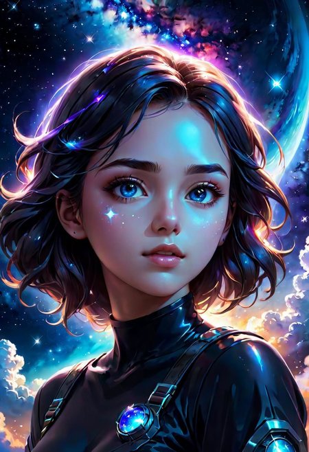 Prompt	digital art, 8K, HDR, RGB, Ultra-HD, close-up, painted picture, girl's face, print, print, logo, aesthetic design, blue-black nightmare, hologram, silhouette, 
Milky Way, planets, clouds of star smoke, starry night, black galaxy night background, star shine, splashes, high detail, dark colors, style Makoto Shinkai, 
Jamie Wyeth James Gillard Edward Hopper Greg Rutkowski Studio Ghibli Genshin Impact