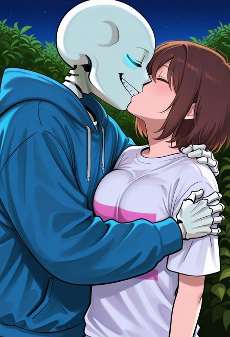 score_9, score_8_up, score_7_up, score_6_up, aoj_sr, 2d, source_cartoon, 
night,garden,closer look, close view, duo,
(1male,s4ns,skeleton,one blue glowing eyes,skull,skeleton arms,skeleton body,oversized,white t-shirt),
holding, face to face, sideview,hugs,kiss,
(1woman,frisk,woman,closed eyes,brown hair,blue hoodies,big breasts,short hair),