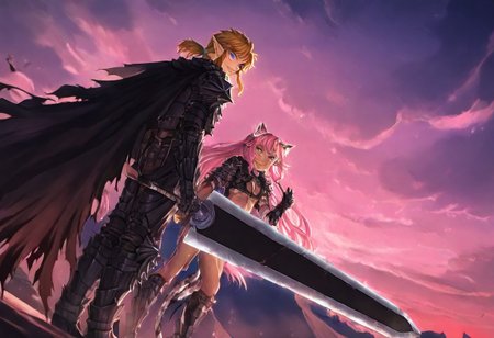 masterpiece, very aesthetic, anime screenshot, 1girl, Pink_PonyXL, DragonSlayerSword-Il.V1.0, black armor, shoulder armor, gauntlets, greaves, bandaged arm, black cape, torn cape, bright pink hair, cat ears, scar on nose, cat bell around neck, tanned, white tiger tail, small breasts, femine body, smiling, making a cute cat face, single fanged tooth showing, standing, looking at viewer, side view, wielding-dragonslayer, huge weapon, sword, holding sword, holding weapon, full body, zoomed in on pink_ponyxl, Dutch angle, cowboy shot 
Break
Break 1boy,Anime screencap,link (zelda),blonde hair,blue eyes,pointy ears, low ponytail, sidelocks, wearing blue hyilian tunic, fawning over pink_ponxl
Break
City of hyrule on fire, at night