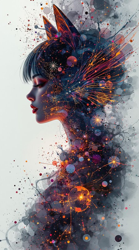 A mesmerizing double exposure masterpiece by the talented trio of Andreas Lie, Bojan Jevtic, and Ashley Wood. The central focus isa hauntingly beautiful silhouette of an anime woman with wings and captivating cat ears, illuminated by Andreas Lie's imaginative vision and bathed in mystical glow. The ethereal realm backdrop comes to life through Bojan Jevtic and Ashley Wood's artistic brilliance, teeming with vibrant oil splashes and an immersive atmosphere. The invisible backdrop crackles with energy, highlighting the unparalleled versatility of these artists. In 8K resolution and lifelike lighting, this extraordinary artwork masterfully blends conceptual, graffiti, and poster styles with intricate, maximalist elements, showcasing the unparalleled versatility of these artists. This breathtaking, poster, painting, photo, illustration, typography, graffiti, cinematic, fashion, portrait photography, vibrant, conceptual art, 3d render