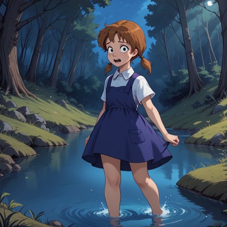 score_9, score_8, BREAK, solo, brown hair, twintails, black eyes, white shirt, dark blue overall dress , Penny_(The_Rescuers), cute, outdoors,,, natural lighting, forest, trees, grass, night sky, bayou, no shoes, no socks,night,  run, full body ,water up to ankles ,scared ,looking behind , wading,