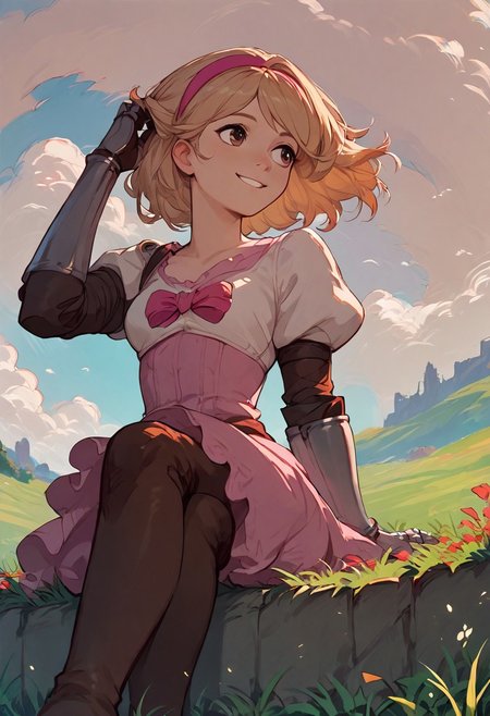 score_9, score_8_up, score_7_up, score_6_up, score_5_up, score_4_up, source_anime, 1girl, solo, djeetadef, pink hairband, dress, puffy sleeves, gauntlets, brown thighhighs, thigh boots, smile, adjusting hair, looking forward, sky, sitting on lawn, landscape, from below
