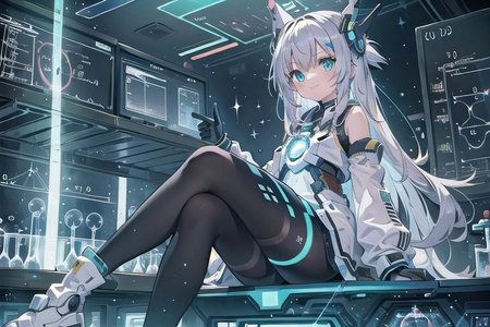 (masterpiece), (science fiction:1.4), 1girl, sitting, smile, silver hair, aqua eyes, headgear, long sleeves, detached sleeves, glowing energy clothing, light particles