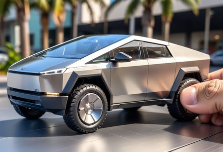 microscopic tiny cbtrk car, angled edges, stainless steel, standing, parody, <lora:Object_Cybertruck-SDXL:0.6> high detail, best quality, 8k resolution, macro lens, palm of hand background