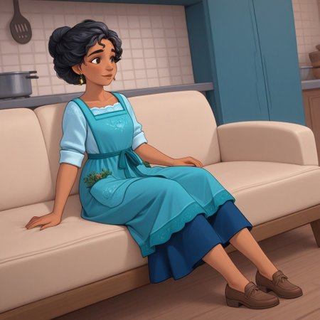 Julieta,1girl,tanned skin,curly black hair tied in a bun,hazel eyes,blue dress with a blue kitchen apron,brown flat shoes, gold earrings
Julieta lies on a sofa