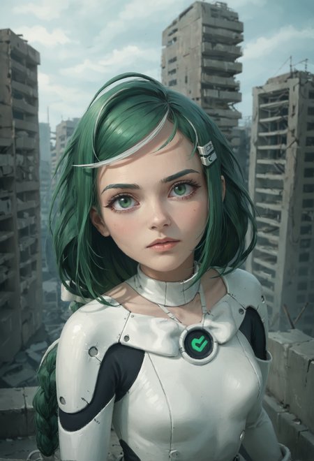 zPDXL2, (from above:0.8), (eye focus:0.9), depth of field, highly detailed, ssta,
close shot, sber-chan, green hair, streaked hair, green eyes, single braid, white bow, long hair, (skin details:1.1),
looking away, (serious:0.8), sitting,
hairclip, (white plugsuit:1.2),
rooftop, scenic overlook, abandoned city, post-apocalypse, ruins, power lines,
<lora:add-detail-xl:1.5> <lora:Sber-chan:0.9>  <lora:ssta:0.9>